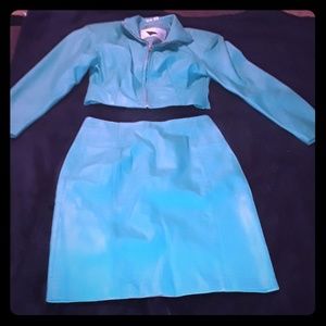 Sexy teal crop 100%leather jacket&skirt set